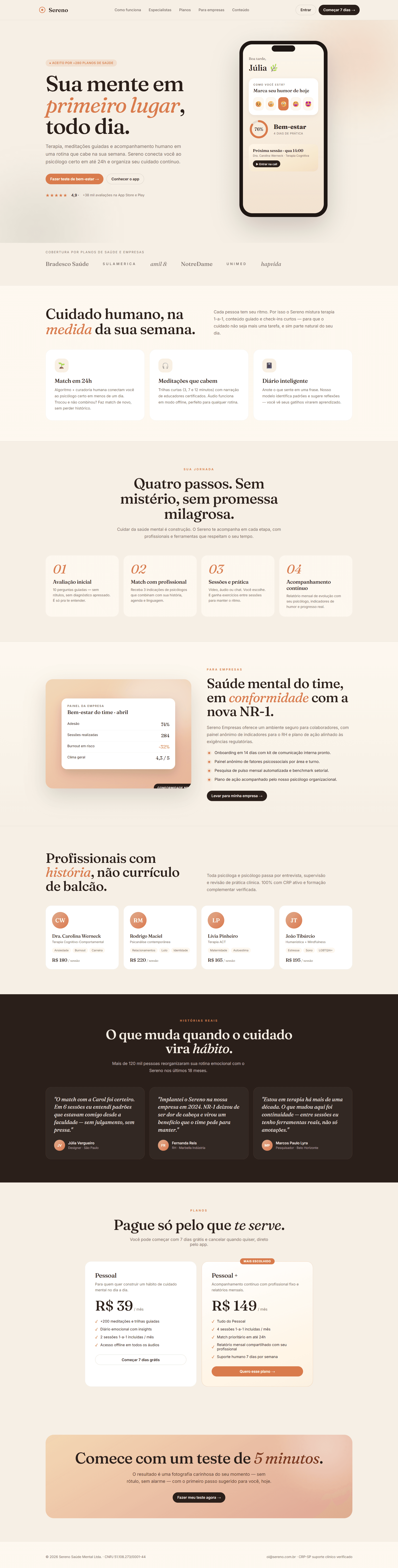 Full Sereno page — patient journey, NR-1 B2B panel, specialists, plans and final CTA.