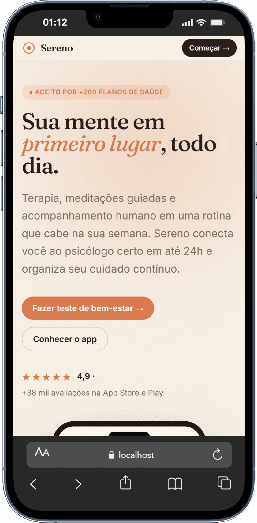 Sereno mobile experience with hero, health-insurance ribbon and trial CTA.
