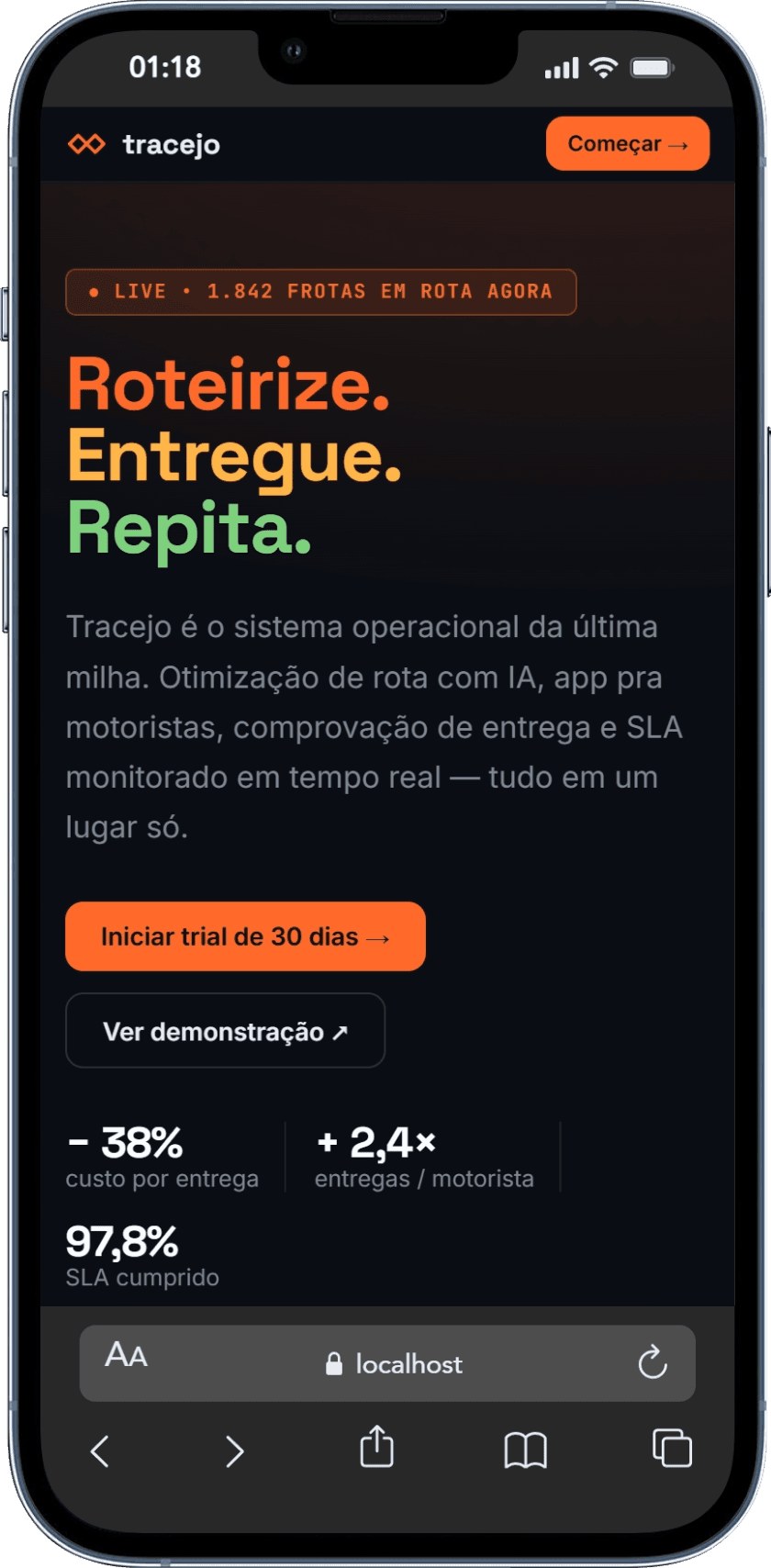 Versão mobile do Tracejo com proposta de valor e CTA para iniciar trial.