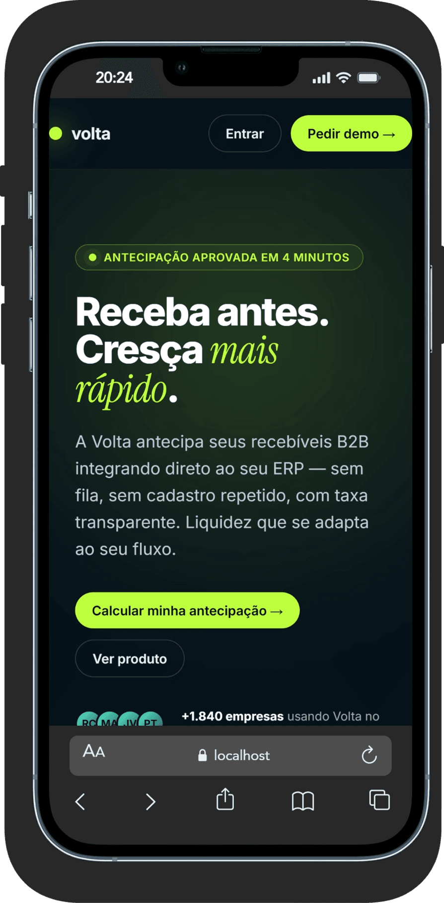 Versão mobile do hero da Volta com proposta de valor e CTA de simulação.