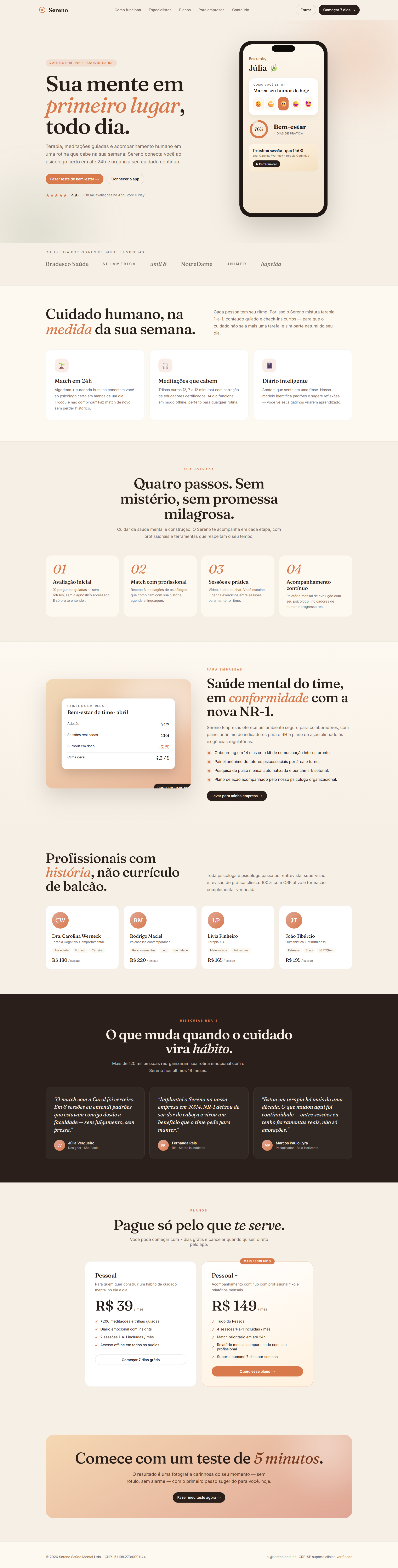 Full Sereno page — patient journey, NR-1 B2B panel, specialists, plans and final CTA.