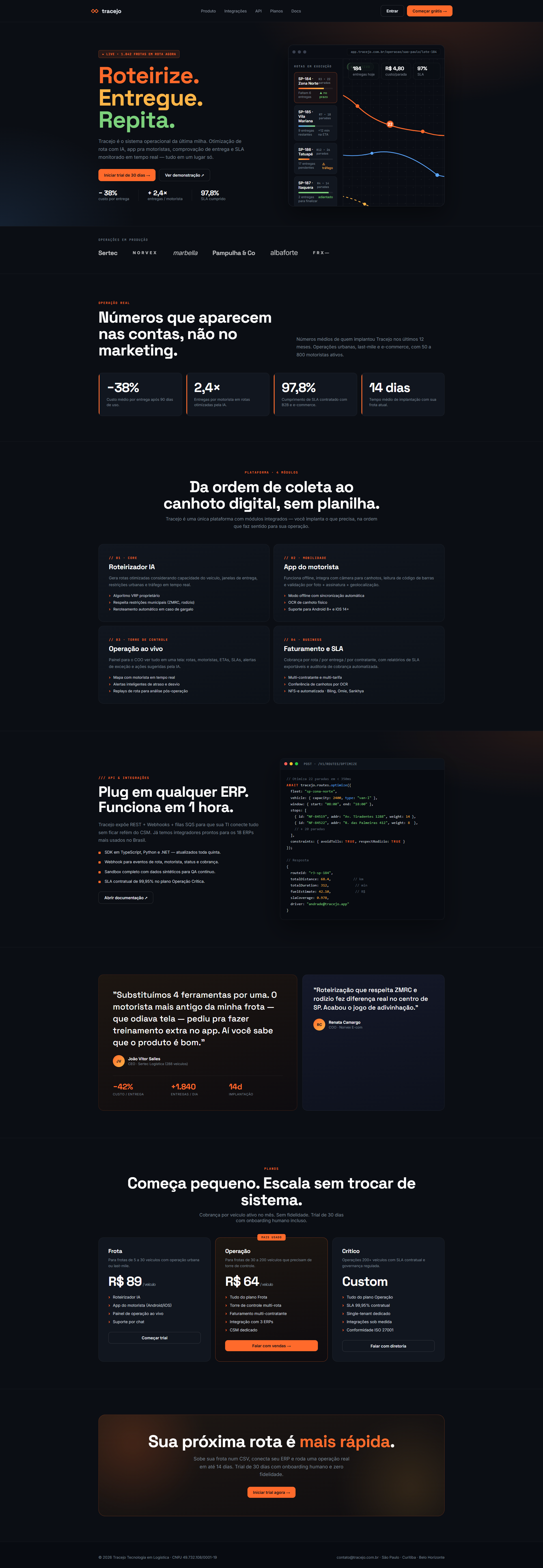 Full Tracejo page — metrics, modules, API, testimonials and pricing.